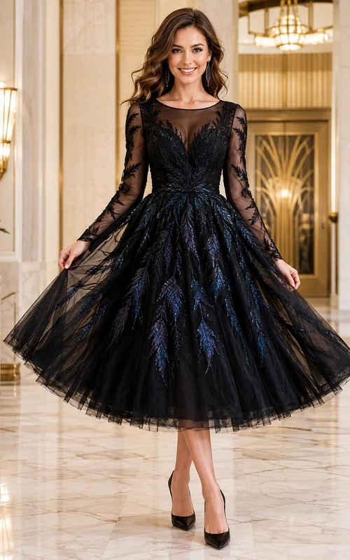 Schwarzes Gothic-Spitzenkleid mit V-Ausschnitt, Illusion-Effekt, langen Ärmeln und Tüll-A-Linien-Schnitt, wadenlang