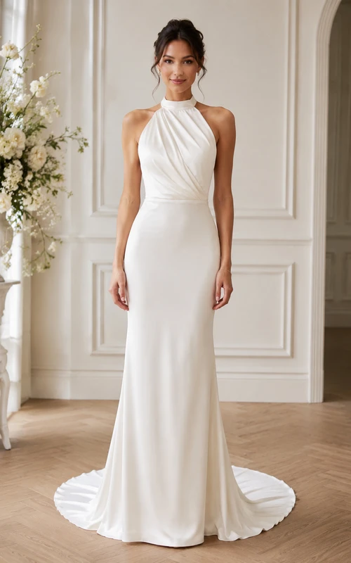 Robe de mariée sirène en crêpe dos nu avec col montant drapé et traîne courte
