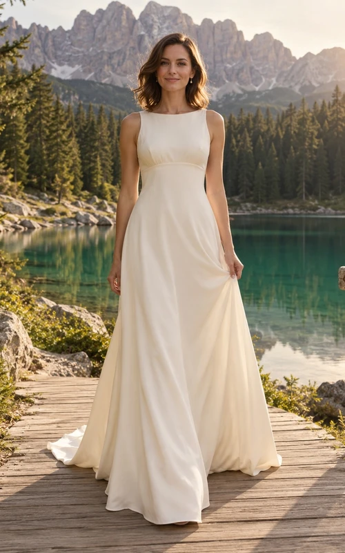Vestido de novia sencillo de crepé de China con escote joya, sin mangas, corte en A y cola larga.