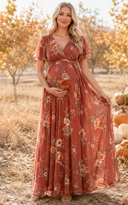 Robe de maternité automne en mousseline de soie à manches papillon et col V, coupe trapèze, ornée de fleurs rouille
