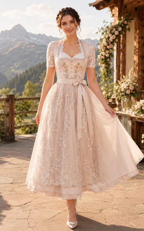 Blush Alpine Bridal Dirndl Square Neck Short Lace Sleeve Tea Wedding Dress