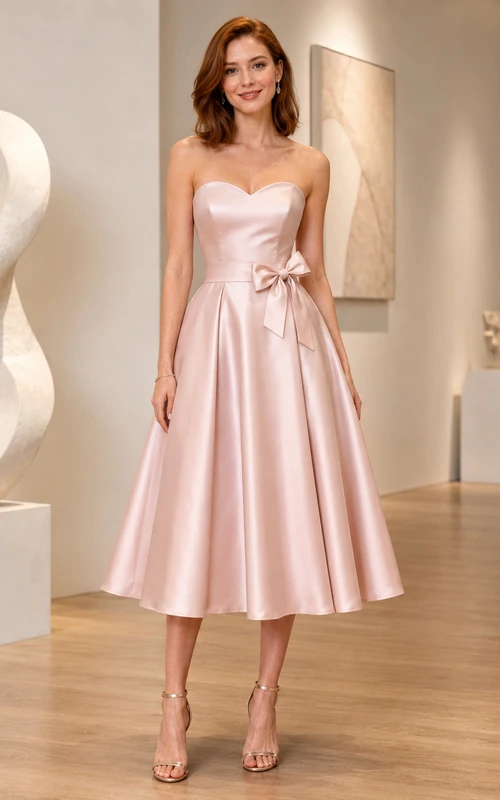 robe de cocktail bustier en satin rose poudré, coupe trapèze, taille nouée