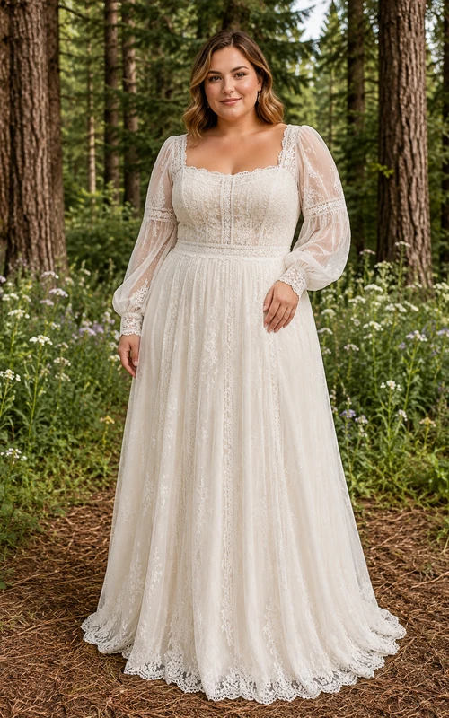 Plus Size Square Neck Long Sleeve Lace A-Line Wedding Dress