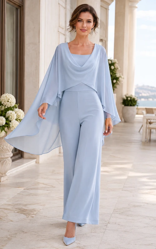 Sky Blue Cowl Neck Long Cape Sleeve Chiffon Two Piece Wide Leg Mother Pantsuit