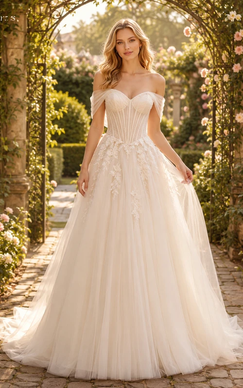 Vestido de novia romántico de cuento de hadas con cintura baja y falda de tul estilo cuento de hadas para bodas en jardines