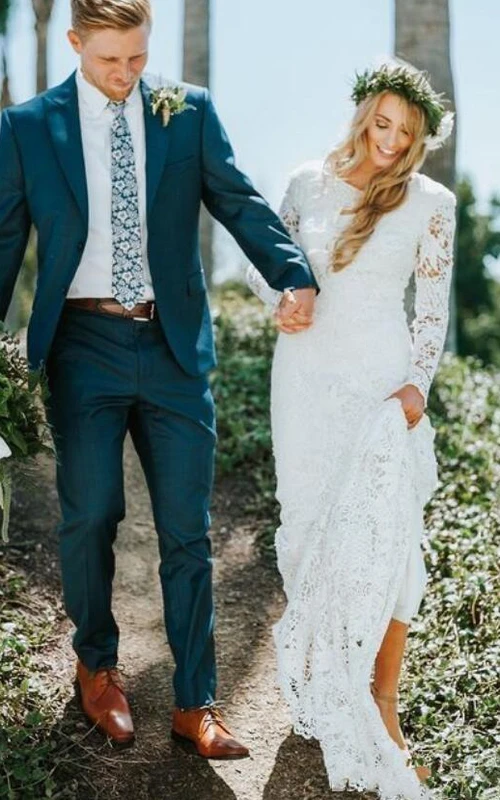 Robe de mariée bohème en dentelle à manches longues, coupe modeste et évasée