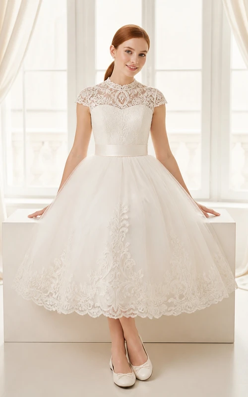 Vestido de novia civil vintage de corte A hasta la rodilla con cuello alto y mangas cortas