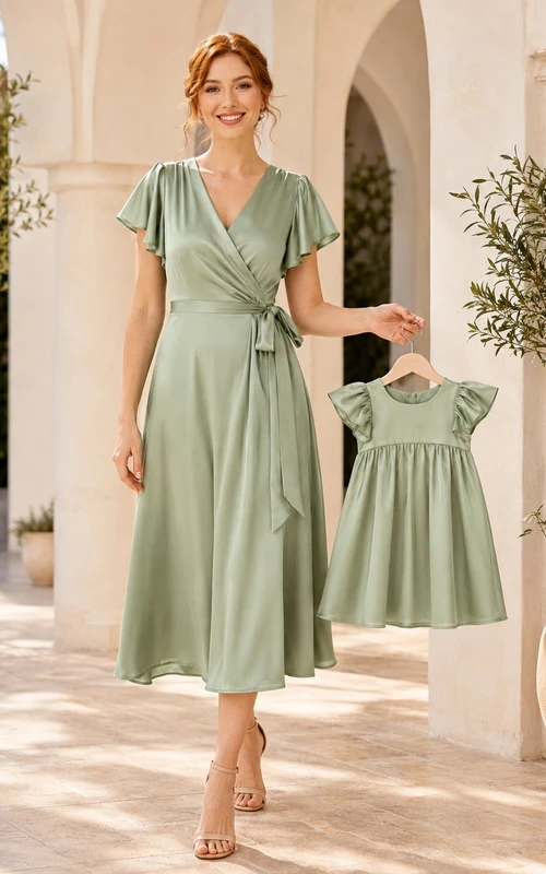 Salbeigrünes, wadenlanges Mutterkleid mit V-Ausschnitt, flatternden Ärmeln und Schärpe