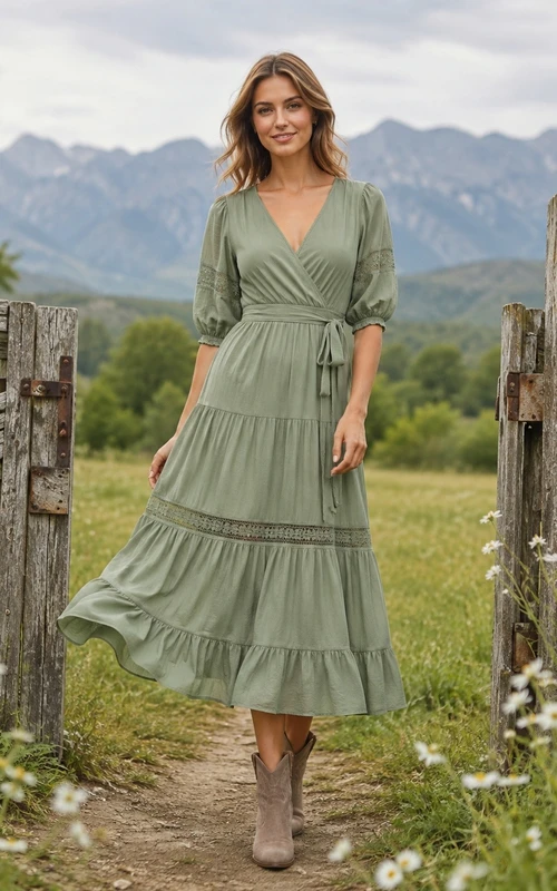 Bohemianisches salbeifarbenes Chiffonkleid in A-Linie, Teelänge, V-Ausschnitt, 3/4-Länge, Rüschen