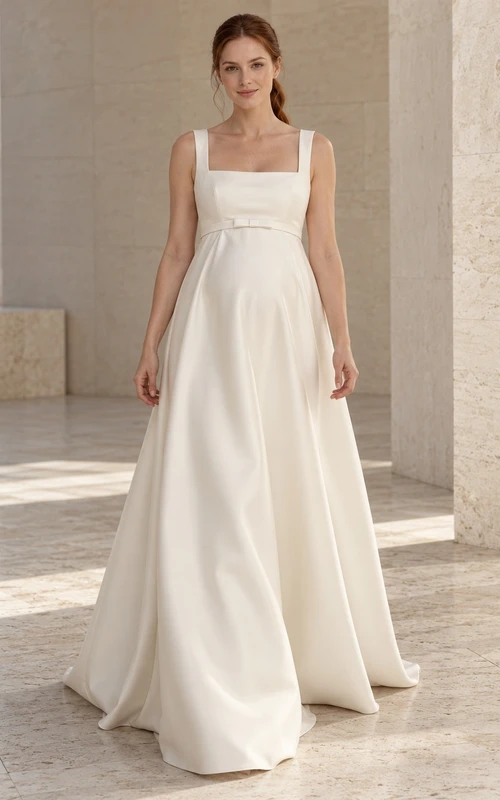 Robe de mariée trapèze en satin, sans manches, col carré et nœud empire, coupe simple.