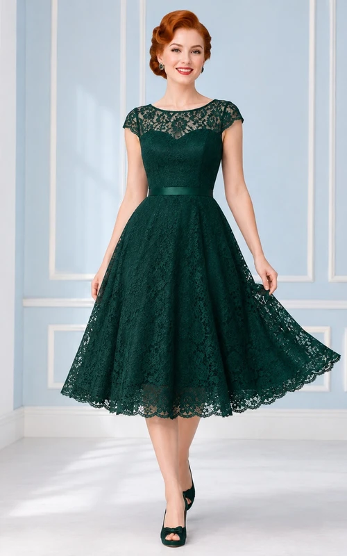 Vestido de cóctel vintage verde oscuro de encaje con mangas cortas, corte en A, cuello festoneado y largo hasta la rodilla.