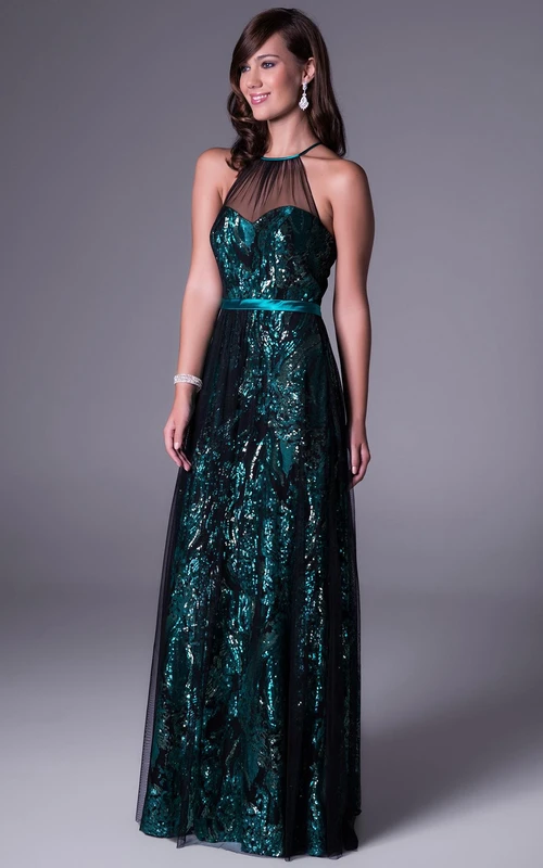Robe de bal trapèze sans manches, longue jusqu'au sol, à encolure ronde et sequins
