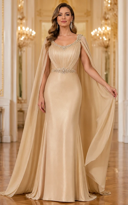 Glamouröses champagnerfarbenes Satin-Abendkleid, bodenlang, mit Perlenbesatz und U-Boot-Ausschnitt