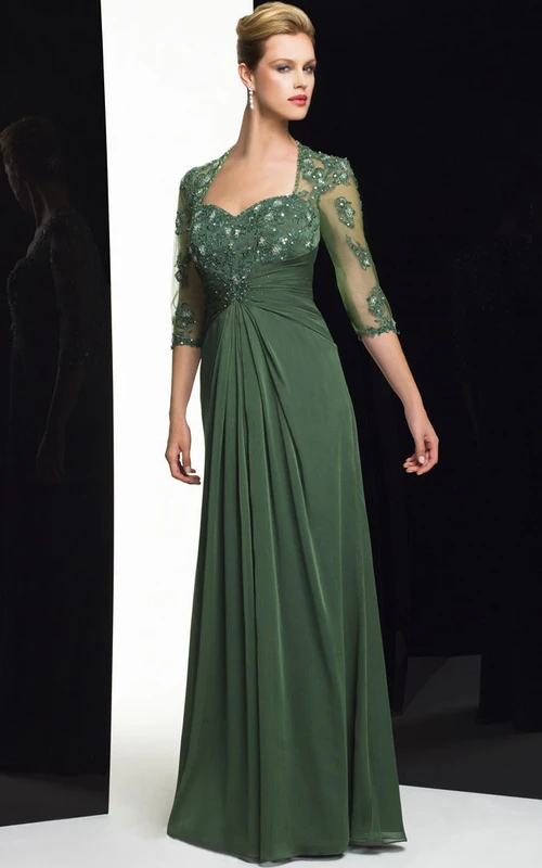 Etuikleid aus Chiffon, bodenlang, mit Herzausschnitt, Perlenbesatz, halben Ärmeln, Applikationen und Drapierungen