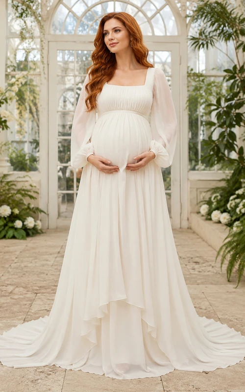 Maternity Wedding Dress Square Neck Long Puff Sleeve A-Line Chiffon Gown with Draped Overskirt