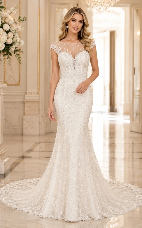 Elegante vestido de novia formal de sirena con escote cuadrado