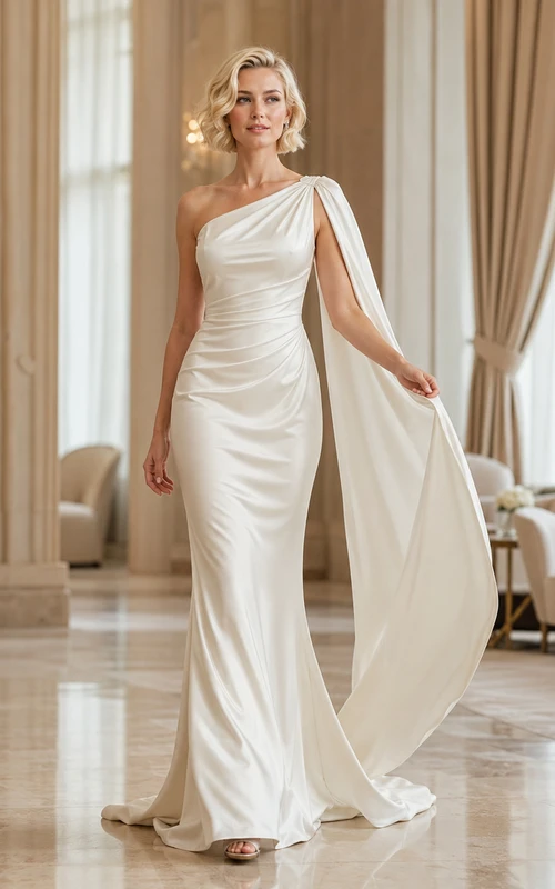 Robe de mariée élégante en satin à une épaule, style fourreau, avec traîne.
