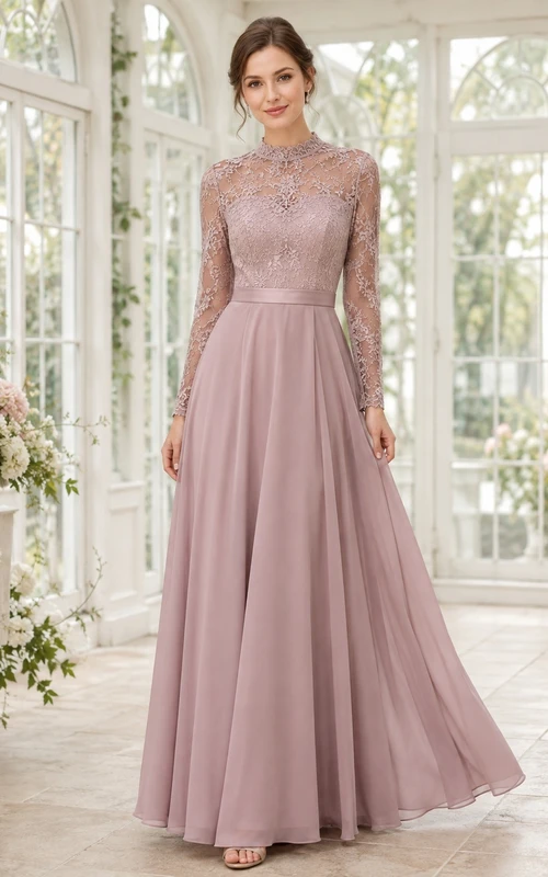 Vintage-Kleid in Mauve-Spitze mit hohem Kragen, langen Ärmeln, A-Linie und bodenlang, romantisch und schlicht