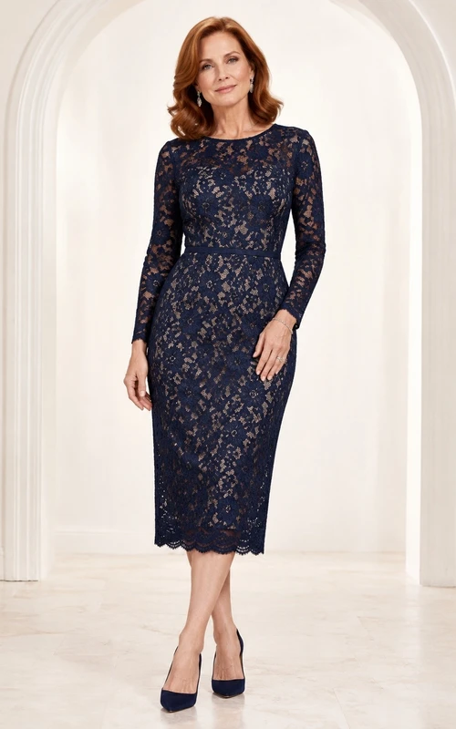 Ink Navy Elegant High-Neck Long-Sleeve Lace Sheath Tea-Length Formal Dress