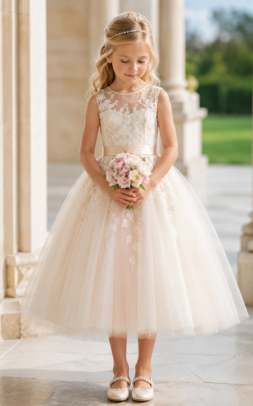Sencillo vestido de niña de flores de tul con corte en A, cuello joya, falda a media pierna y falda plisada.