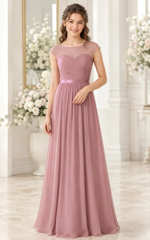 Altersgerechtes, formelles, bodenlanges Brautjungfernkleid aus Chiffon in Altrosa mit kurzen Ärmeln und Herzausschnitt.