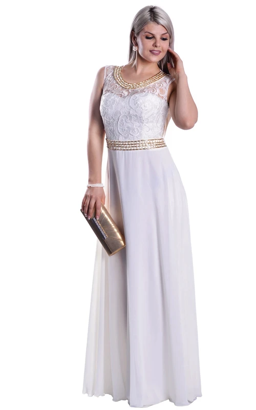 Robe empire sans manches à col rond en mousseline et dentelle illusion