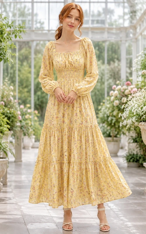 Robe longue trapèze à fleurs jaunes bohèmes, col carré, manches bouffantes et encolure carrée