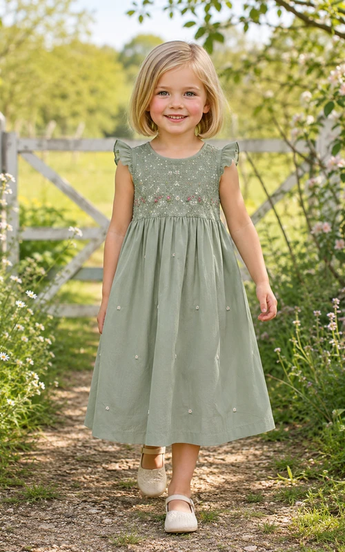 Blumenmädchenkleid aus salbeigrünem Chiffon-Tüll, A-Linie, Rundhalsausschnitt, Teelänge, plissiert