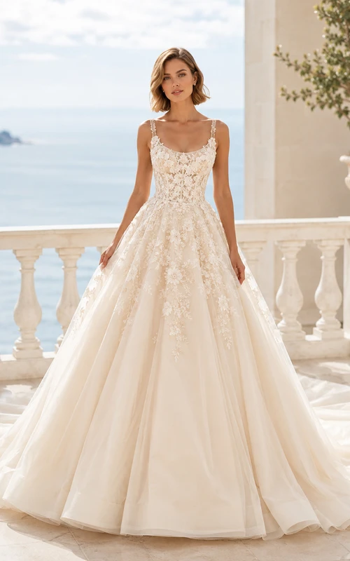 Robe de bal sans manches en dentelle polie et tulle, col carré, traîne chapelle, applications florales, robe de mariée de terrasse