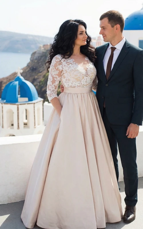 Satin-Abendkleid in A-Linie in Übergröße mit Illusionsärmeln
