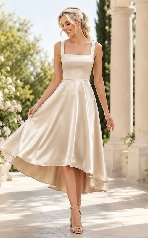 Robe d'invitée vintage en satin champagne, coupe trapèze, longueur thé, col carré, sans manches