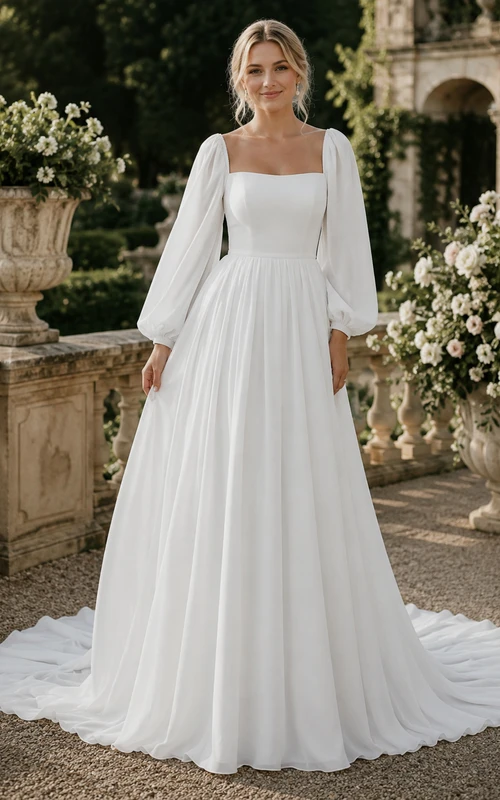 Vestido de novia de corte A con escote cuadrado y mangas largas abullonadas.