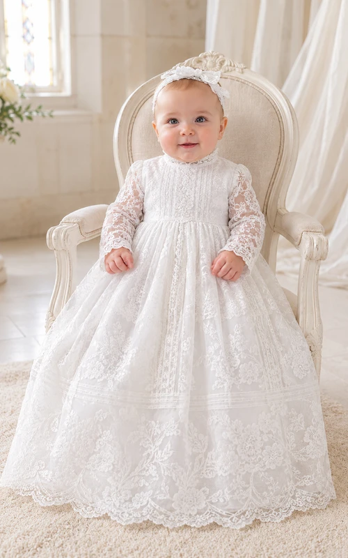 High Neck Christening Gown A-Line Lace Tulle Long Sleeve Embroidered Hem