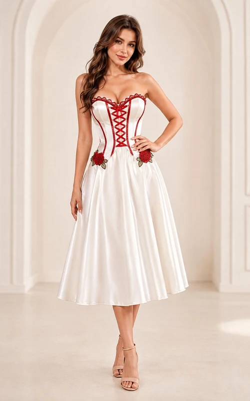 Weißes, rotes Satin-Korsettkleid mit herzförmigen Trägern, plissiertem Schnitt und A-Linien-Schnitt in Teelänge
