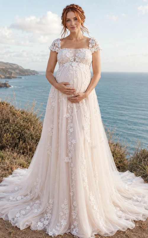 Umstandsbrautkleid mit eckigem Ausschnitt, kurzen Ärmeln, floraler Spitze und formeller Schleppe