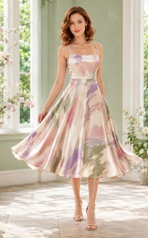 Vestido de cóctel midi de corte A con escote cuadrado y estampado de pinceladas en tonos pastel