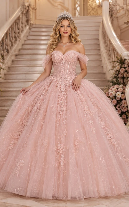 Blush Off-Shoulder Corset Applique Tulle Ball Gown Floor-Length Quinceanera Dress
