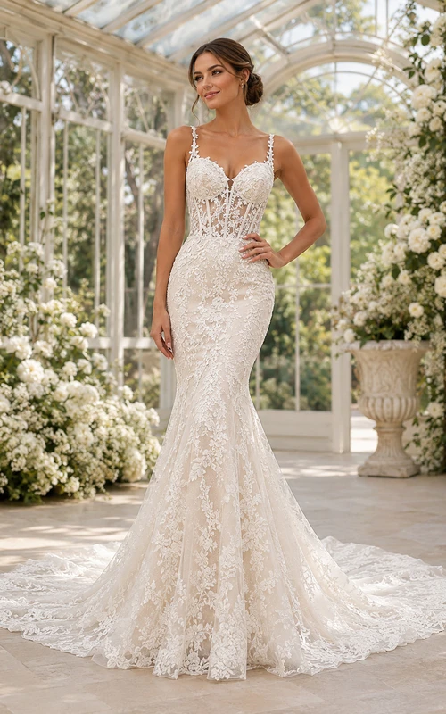 Robe de mariée sirène à bretelles spaghetti, dentelle botanique et effet illusion, boutons et traîne chapelle