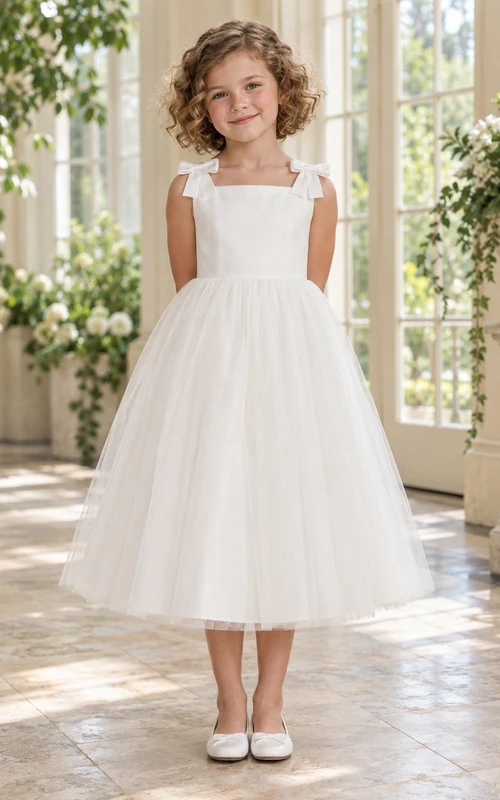 Schlichtes, dezentes, weißes, teelanges Blumenmädchenkleid mit eckigem Ausschnitt, breiter Schleife und viel Tüll