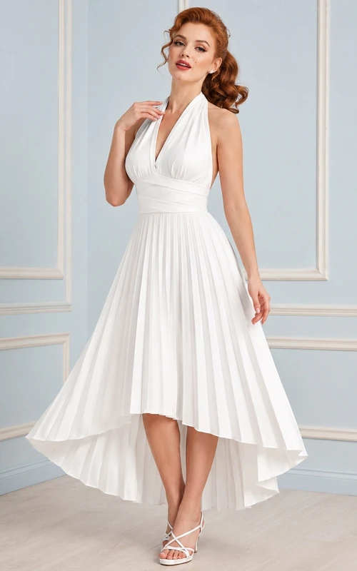 Vestido de noche vintage blanco de satén plisado con escote halter y bajo asimétrico