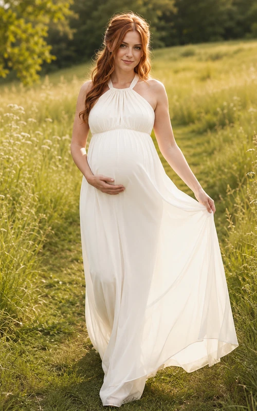 Halter neck sleeveless empire maternity chiffon meadow maxi dress