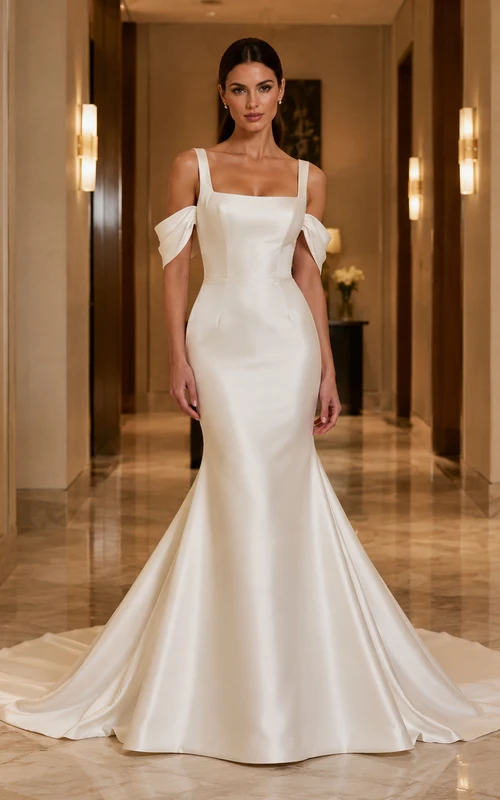 Robe de mariée sirène moderne en satin à col carré et manches amovibles