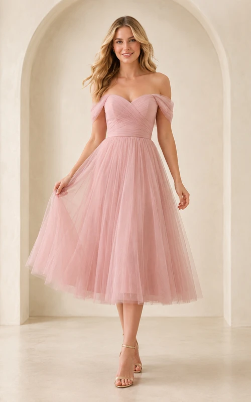 Petal Waltz Blush A-Line Tea-Length Off-Shoulder Short-Sleeve Tulle Romantic Cocktail Dress
