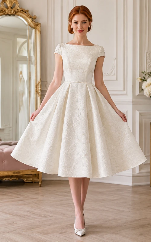 Vestido de novia modesto de satén jacquard de manga corta y cuello alto, estilo vintage, largo hasta la rodilla