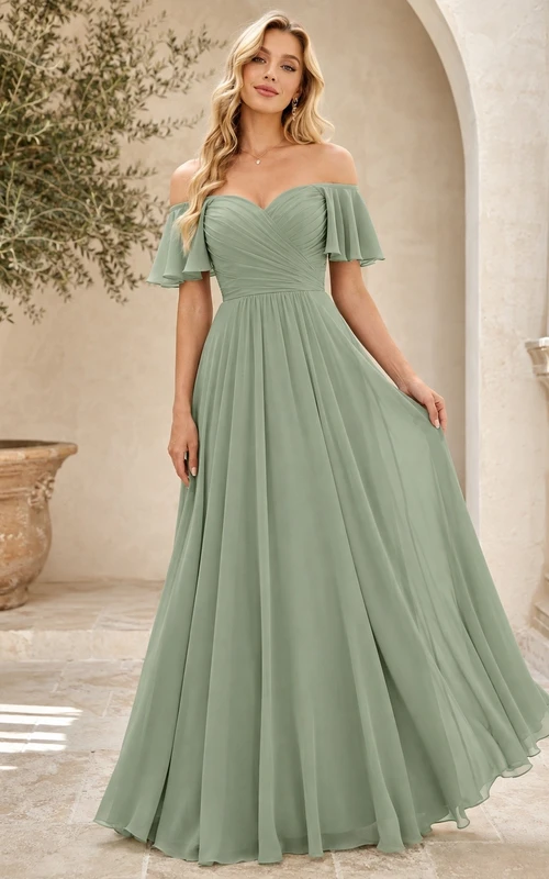 Vestido de dama de honor romántico, formal, de corte A, de gasa, con hombros descubiertos y largo hasta el suelo.
