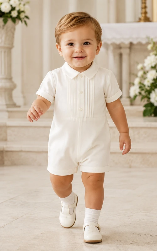 White Button Bib Peter Collar Short Sleeve Ceremony Romper for Baby Boy