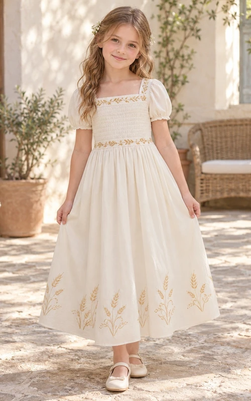 Square Neck Country Cream Puff Sleeve Wheat Embroidered Cotton Flower Girl Dress