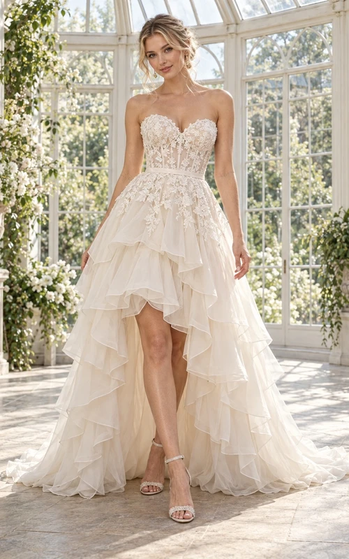High-Low trägerloses Brautkleid mit Herzausschnitt, Spitzenkorsett und Stufenrüschen