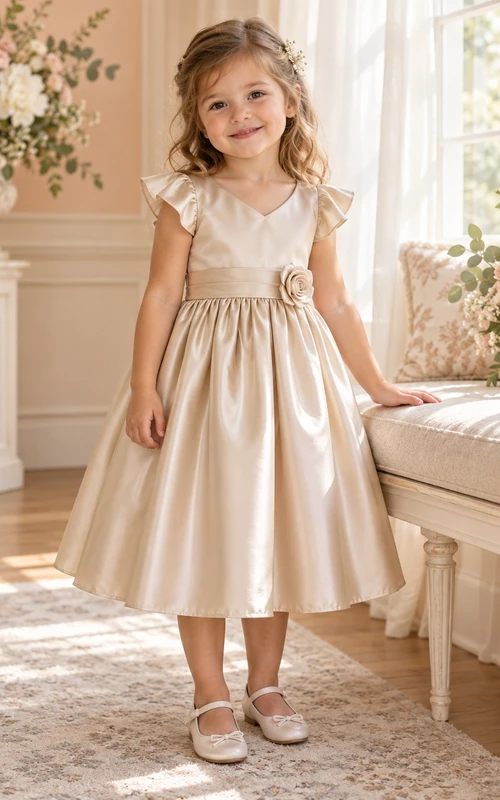 Teelanges, schlichtes champagnerfarbenes Sommerkleid in A-Linie aus Satin mit flatternden Ärmeln und Rosetten-Taille für Blumenmädchen