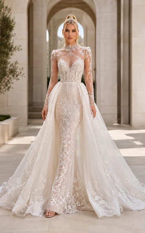 Robe de mariée intemporelle en dentelle et tulle illusion, col montant, manches longues transparentes, coupe trapèze, traîne chapelle, fente sur le devant, idéale pour une salle de bal.